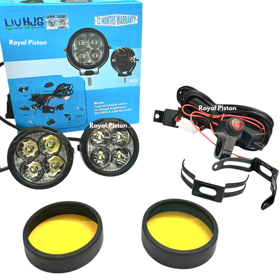 Royal Piston New 4 LED Powerful LED Fog Light | High Wattage DC Auxiliary Fog Lights | with Harness Kit Yellow White Light - Royal Piston