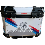Royal Piston White Graphic Motorcycle Top Box – 45L Aluminum Alloy Storage with Padded Interior | Lockable | Weatherproof | Universal Fit for Touring Bikes