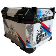 Royal Piston White Graphic Motorcycle Top Box – 45L Aluminum Alloy Storage with Padded Interior | Lockable | Weatherproof | Universal Fit for Touring Bikes