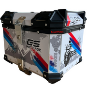 Royal Piston White Graphic Motorcycle Top Box – 45L Aluminum Alloy Storage with Padded Interior | Lockable | Weatherproof | Universal Fit for Touring Bikes