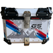 Royal Piston White Graphic Motorcycle Top Box – 45L Aluminum Alloy Storage with Padded Interior | Lockable | Weatherproof | Universal Fit for Touring Bikes