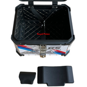 Royal Piston White Graphic Motorcycle Top Box – 45L Aluminum Alloy Storage with Padded Interior | Lockable | Weatherproof | Universal Fit for Touring Bikes