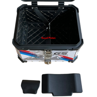 Royal Piston White Graphic Motorcycle Top Box – 45L Aluminum Alloy Storage with Padded Interior | Lockable | Weatherproof | Universal Fit for Touring Bikes - Royal Piston
