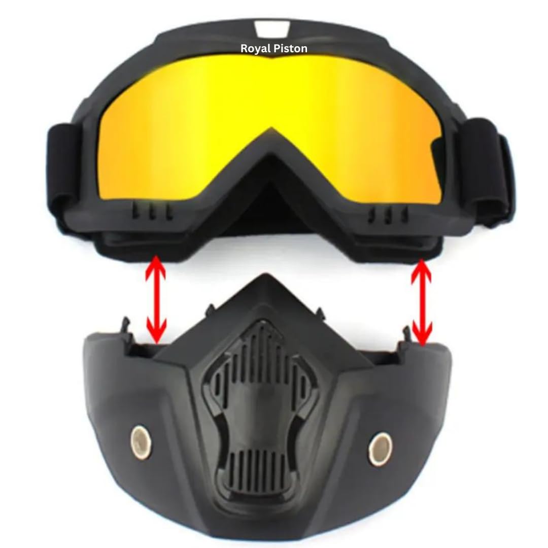 Royal Piston Motorcycle Full Face Mask Goggles Mask Motorcycle Splash & Wind Shield Outdoor Eye Protection Glasses | Eyewear Detachable Face Mask Anti Scratch (Yellow)