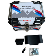 Royal Piston White Graphic Motorcycle Top Box – 45L Aluminum Alloy Storage with Padded Interior | Lockable | Weatherproof | Universal Fit for Touring Bikes