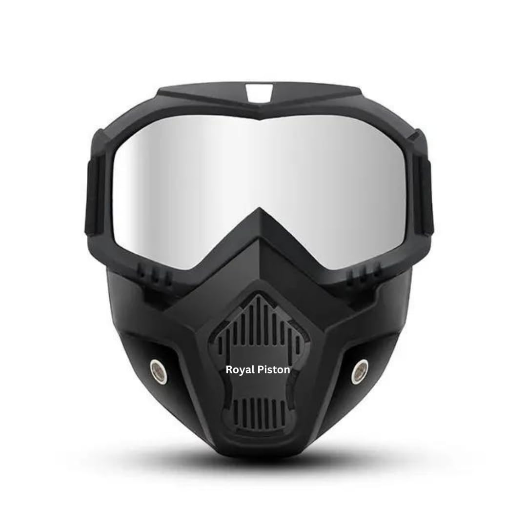 Royal Piston Motorcycle Full Face Mask Goggles Mask Motorcycle Splash & Wind Shield Outdoor Eye Protection Glasses | Eyewear Detachable Face Mask Anti Scratch (Silver)