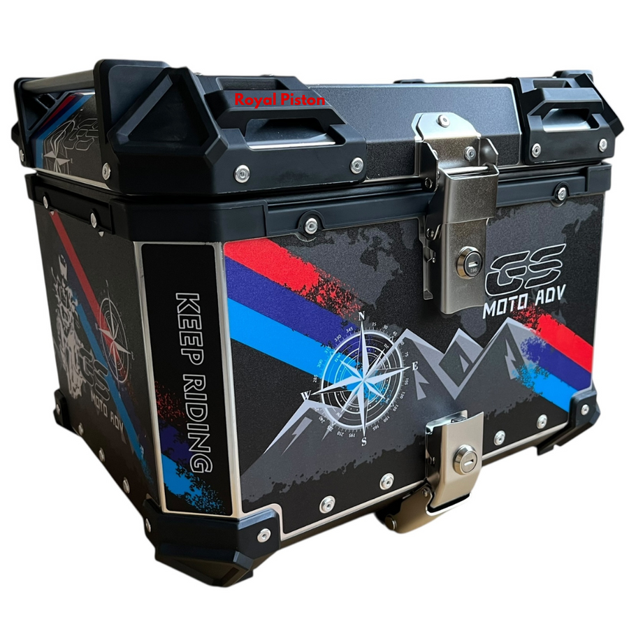 Royal Piston Graphic Motorcycle Top Box – 45L Aluminum Alloy Storage with Padded Interior | Lockable | Weatherproof | Universal Fit for Touring Bikes - Royal Piston