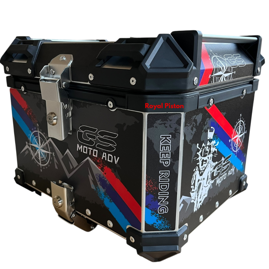 Royal Piston Graphic Motorcycle Top Box – 45L Aluminum Alloy Storage with Padded Interior | Lockable | Weatherproof | Universal Fit for Touring Bikes