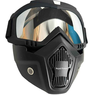 Royal Piston Motorcycle Full Face Mask Goggles Mask Motorcycle Splash & Wind Shield Outdoor Eye Protection Glasses | Eyewear Detachable Face Mask Anti Scratch (Silver)