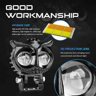 Royal Piston™ HJG Owl Flashing Fog Lights: All-in-One! 2-in-1 Spot & Flood with Original Laser Fog in Yellow & White. For Bike/Car/Thar/Jeep, 2pc
