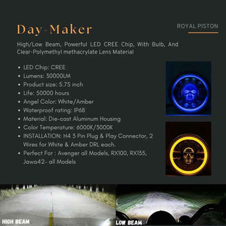 Royal Piston 5.75" Skull LED Headlight (12V Smart) for Bajaj Avenger, RX-100, RX135, Harley Davidson - Royal Piston
