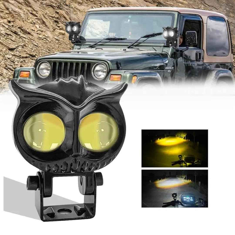 Royal Piston™ HJG Owl Flashing Fog Lights: All-in-One! 2-in-1 Spot & Flood with Original Laser Fog in Yellow & White. For Bike/Car/Thar/Jeep, 2pc