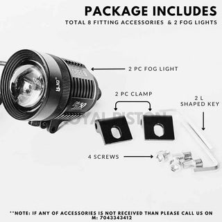 Royal Piston LED KZ30 Fog Lights: 2-in-1 White/Yellow Projector Fog Lights, Light Control, Bike/Car/Thar/Jeep, 3000 Lumens (2PC)