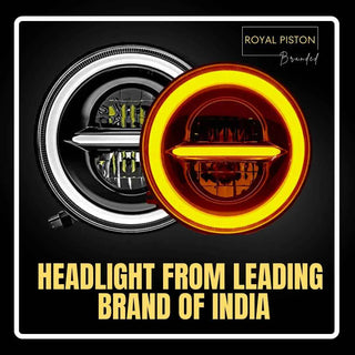 Royal Piston HJG Minus With Ring Headlight 110W: Latest 2023 CREE/Osram LED, High/Low Beam, DRL, Cool Amber Light For Royal Enfield/Jeep/Thar