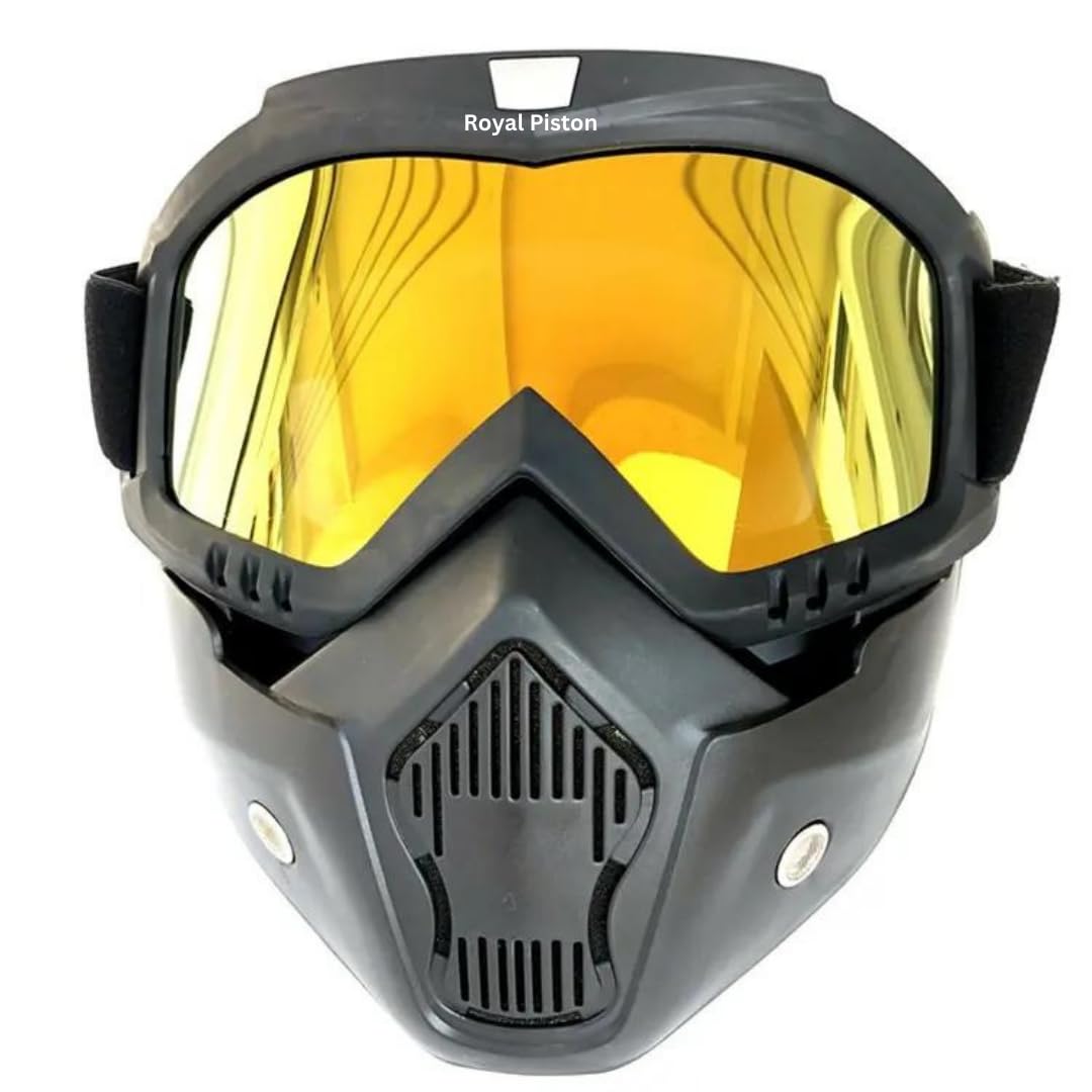 Royal Piston Motorcycle Full Face Mask Goggles Mask Motorcycle Splash & Wind Shield Outdoor Eye Protection Glasses | Eyewear Detachable Face Mask Anti Scratch (Yellow)