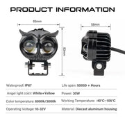 Royal Piston™ HJG Owl Flashing Fog Lights: All-in-One! 2-in-1 Spot & Flood with Original Laser Fog in Yellow & White. For Bike/Car/Thar/Jeep, 2pc
