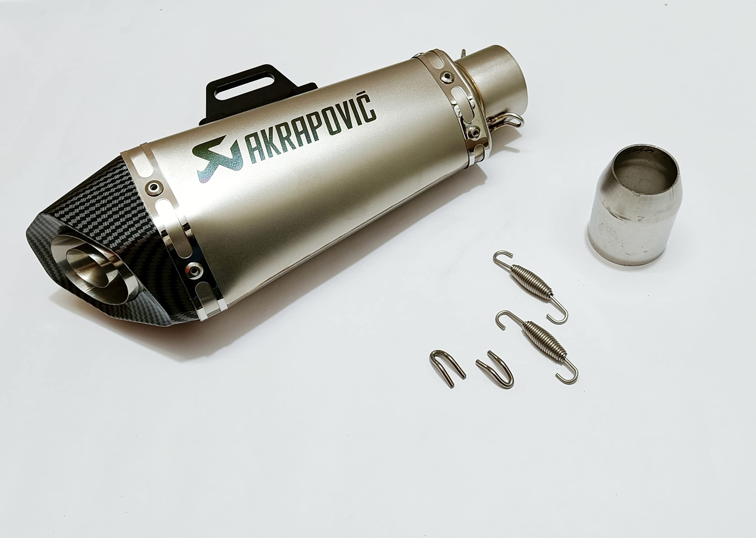 Royal Piston Universal Akrapovic Mini Silencer - The Ultimate Weapon of Sound and Style for Every Sport Bike Enthusiast (Silver)