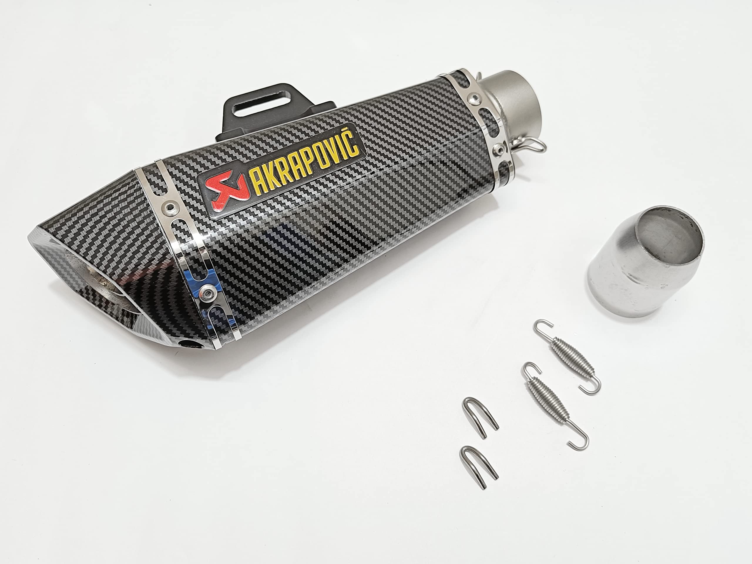 Royal Piston Universal Akrapovic Mini Silencer - The Ultimate Weapon of Sound and Style for Every Sport Bike Enthusiast (Black + Silver)