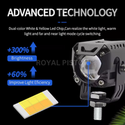 Royal Piston™ HJG Flashing Fog Lights - Your All-in-One Lighting! 3-in-1 Spot & Flood with Laser in Yellow + White + Red. For Bike/Car/Thar/Jeep, 2pc